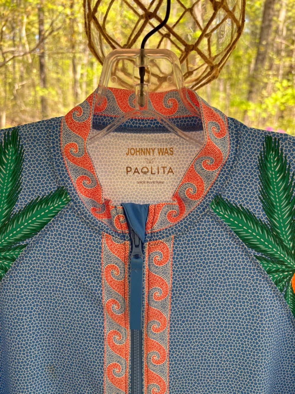 Johnny Was Sky Blue Palm Zip surf shirt. - Picture 2 of 3